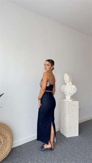 Straplez Arkası Yırtmaçlı Jean Elbise