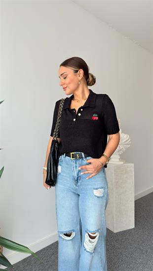 Siyah Kiraz Detaylı Triko Bluz