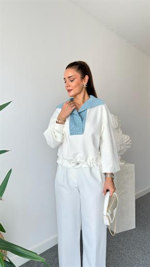 Yakası Kot Garnili Sweatshirt