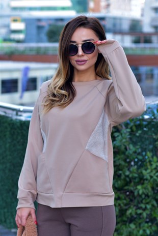 Peluş Detaylı Scuba Bej Sweat