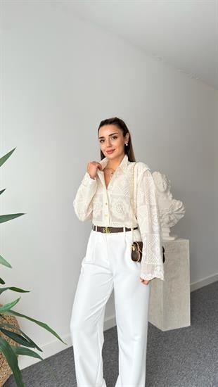 Mengo Bej Nakışlı Gömlek