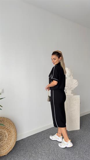 Biyeli Fermuar Cep Detay Siyah Takım