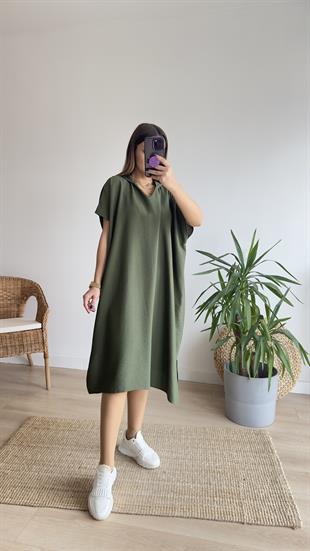 Oversize Haki Kapüşonlu Elbise 