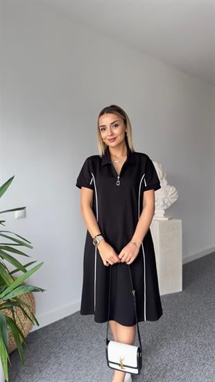 Çapraz Biyeli Siyah İki İplik Elbise