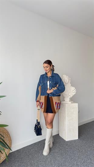 Norber Alt Kahve Trikolu Denim Hırka