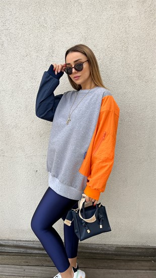  Kolları Renkli Gri Tasarım Sweatshirt