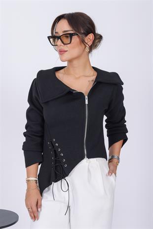 Siyah Bağcık Detaylı Triko Ceket
