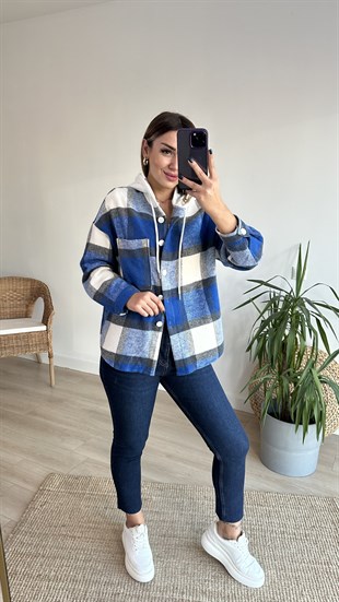 Mavi Ekose Detay Kapüşonlu Sweatshirt