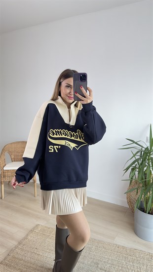 Lacivert Bej Baskılı Sweatshirt