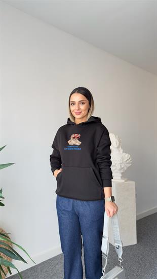 Siyah Lisa Ayıcık İşlemeli Sweatshirt