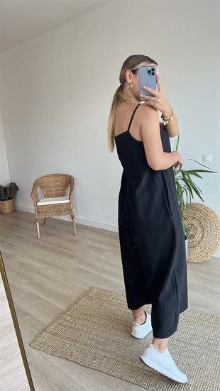 Askılı Siyah Poplin Tulum