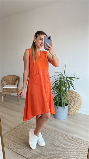 Poplin Detaylı Cepli Turuncu Elbise 