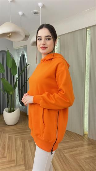 Turuncu Wels Yan Fermuarlı Şardonlu Sweatshirt