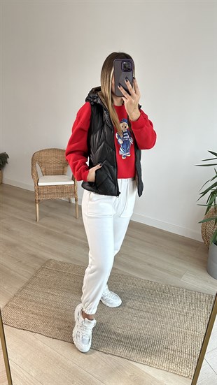 Zikzak Dikişli Kapüşonlu Yelek