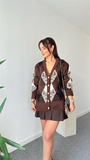 Kahve Paro Taş Detaylı Baklava Desen Hırka