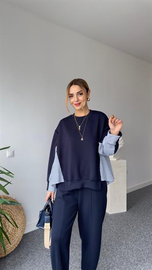 Moi Gömlek Garnili Lacivert Modal Takım