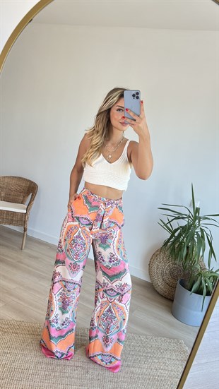  Şal Desen Kuşaklı Pantolon