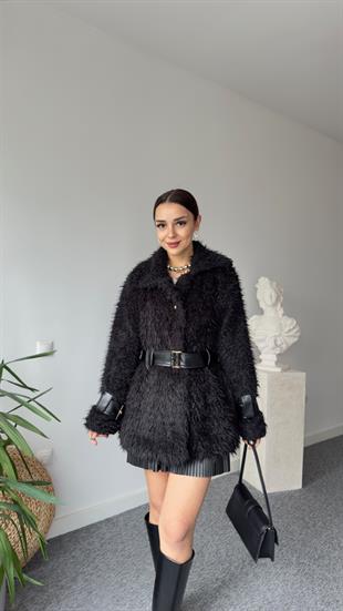 Premıum Deri Detaylı Siyah Peluş Mont 