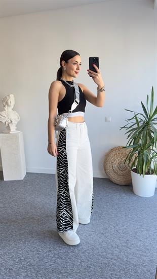 Zebra Şerit Detaylı Beyaz Jean