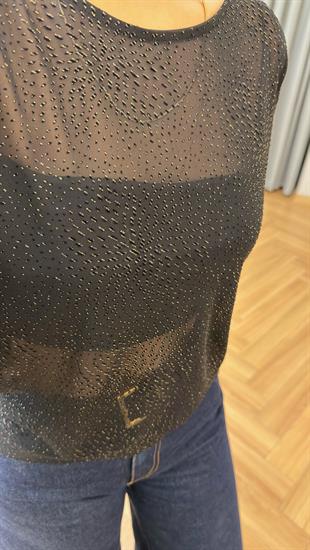 Siyah Bisiklet Yaka Simli Tül Bluz