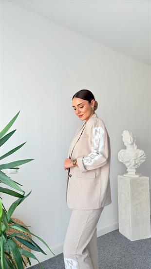 Bien Çizgili Bej Blazer Ceket