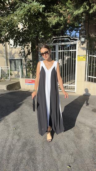 Beyaz Şerit Detaylı Elbise 