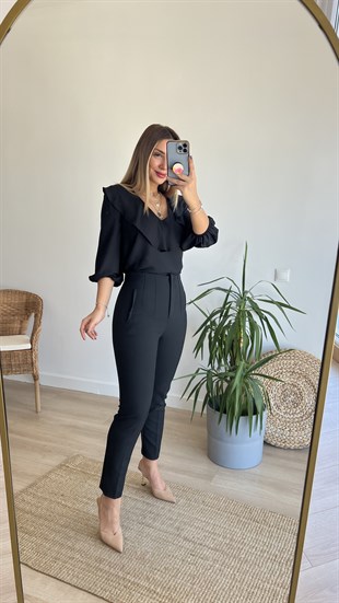 V Yaka Siyah Şifon Bluz 