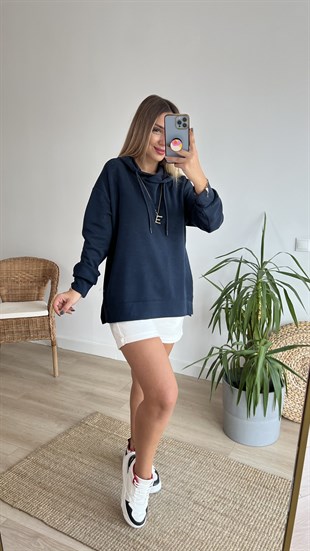 Modal Kumaş Yanları Yırtmaçlı Lacivert Sweat