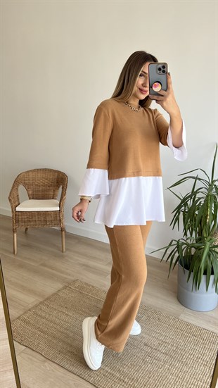 Camel Gömlek Detaylı Bluz Pantolon Takım