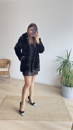Premıum Kapüşonlu Siyah Peluş Mont