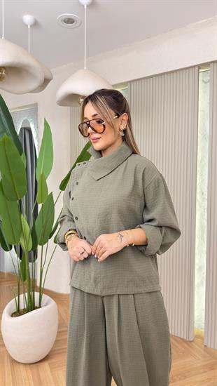 Haki Rubert Dik Yaka Şalvar Takım