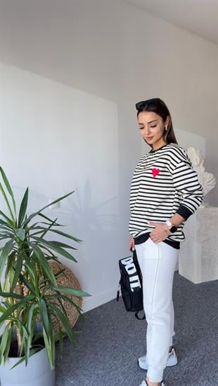 Cardi Kalp İşlemeli Çizgili Beyaz Sweat