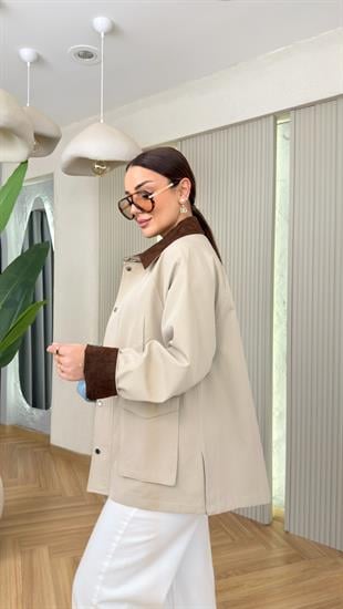 Bej Larimar Süet Yaka İç Ekoseli Ceket