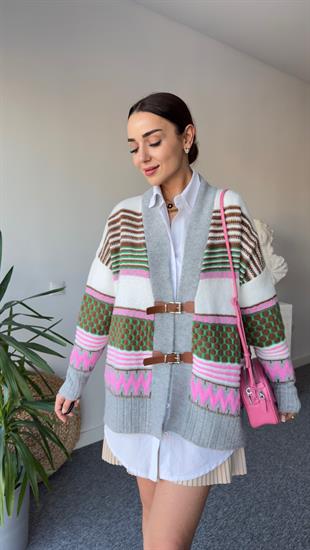 Deri Kemer Detay Yeşil Tasarım Hırka