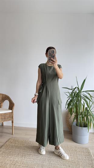 Verte Kuşak Detaylı Haki Tulum