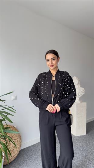 New İncili Siyah Bomber Ceket