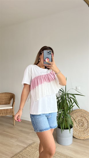 Fistolu Pembe Çizgili Tasarım Tshirt