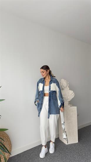 Babel Beyaz File Detaylı Salaş Jean Ceket