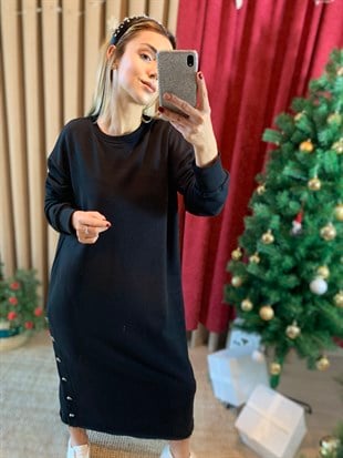 Düğmeli Yırtmaç Sweat Elbise 