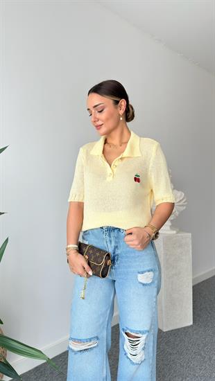 Sarı Kiraz Detaylı Triko Bluz