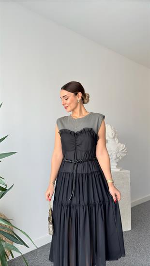 Penye Detaylı Kemerli Tül Elbise 