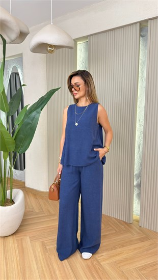 Lacivert Tonea Keten Bluz Pantolon Takım