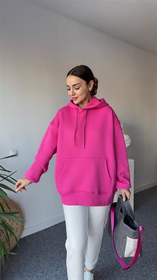 Sırt Fermuarlı Kapüşonlu Pembe Sweatshirt