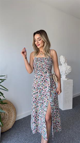 Çıtır Desen Gipe Detay Yırtmaçlı Elbise
