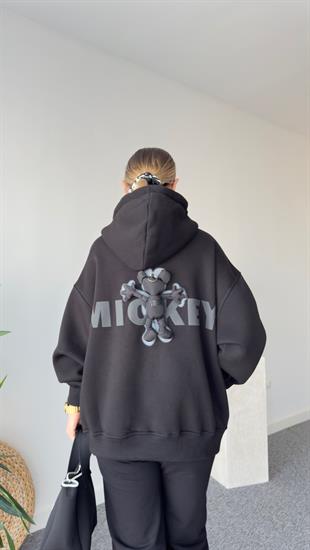 Sırtı Mickey Aksesuarlı Siyah Kapüşonlu Sweatshirt