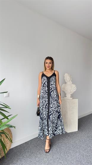 Orta Siyah Şeritli Zebra Desenli Elbise 