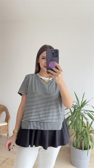 Çizgili Siyah Poplin Detaylı Tshirt
