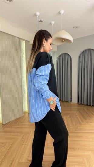 Mavi Taşlı Poplin Garnili Modal Takım