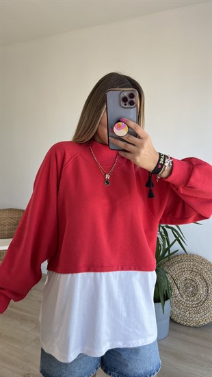 Balıkçı Yaka Tshirt Detaylı Kırmızı Sweat
