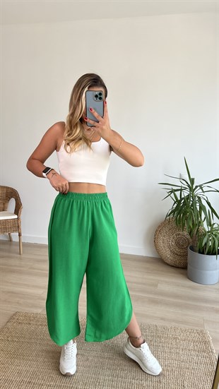 Yırtmaç Detaylı Yeşil Keten Pantolon